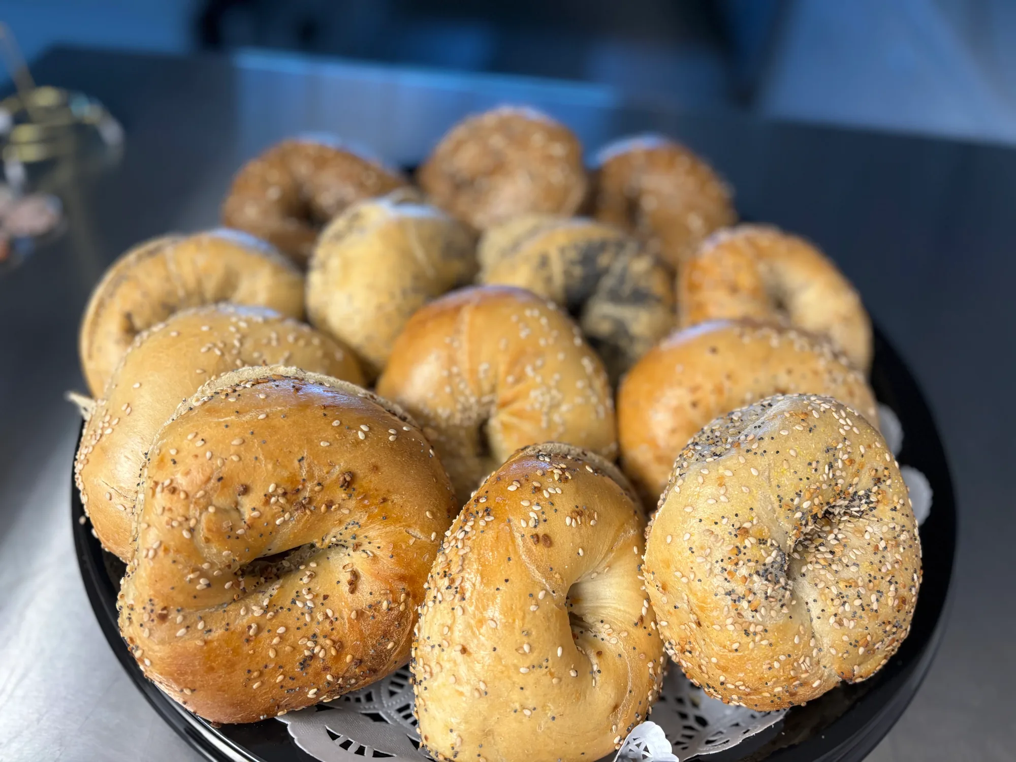 A catering platter of assorted fresh bagels from B's Bagels