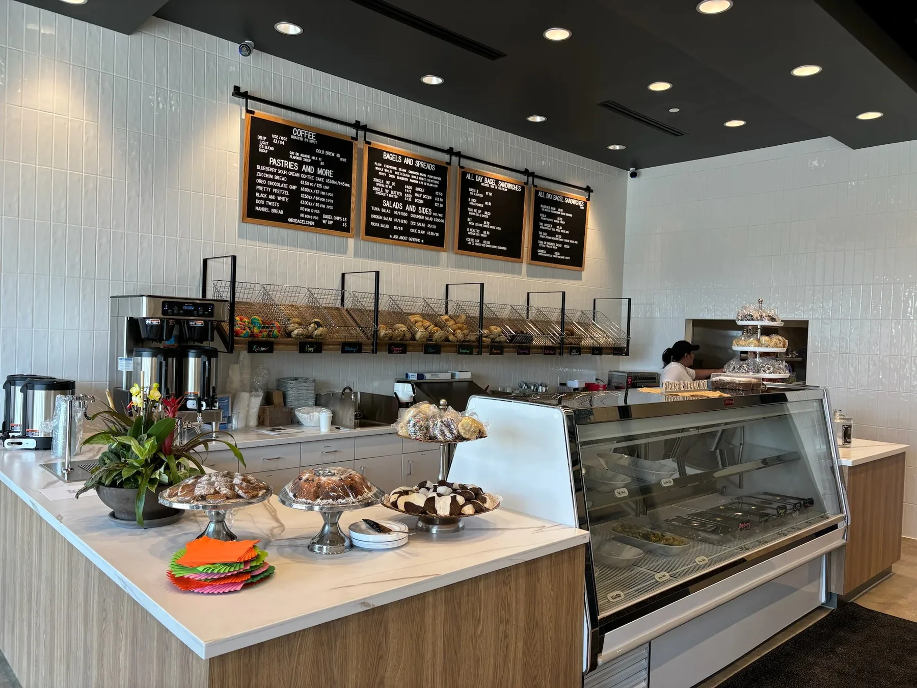 The counter and menu boards at B's Bagels in Westfield