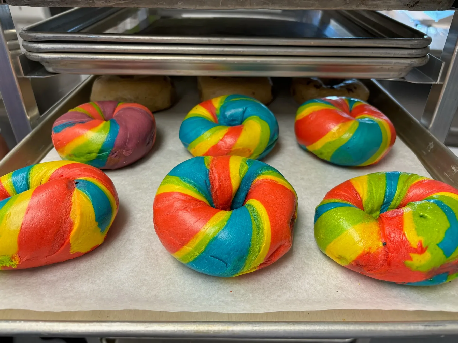 Colorful rainbow bagels made for the community at B's Bagels